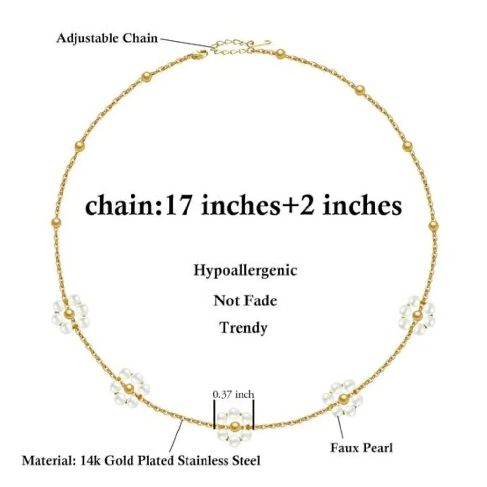 Daisy Pearl Necklace Choker for Women Flower 14K Gold Plated Stainless